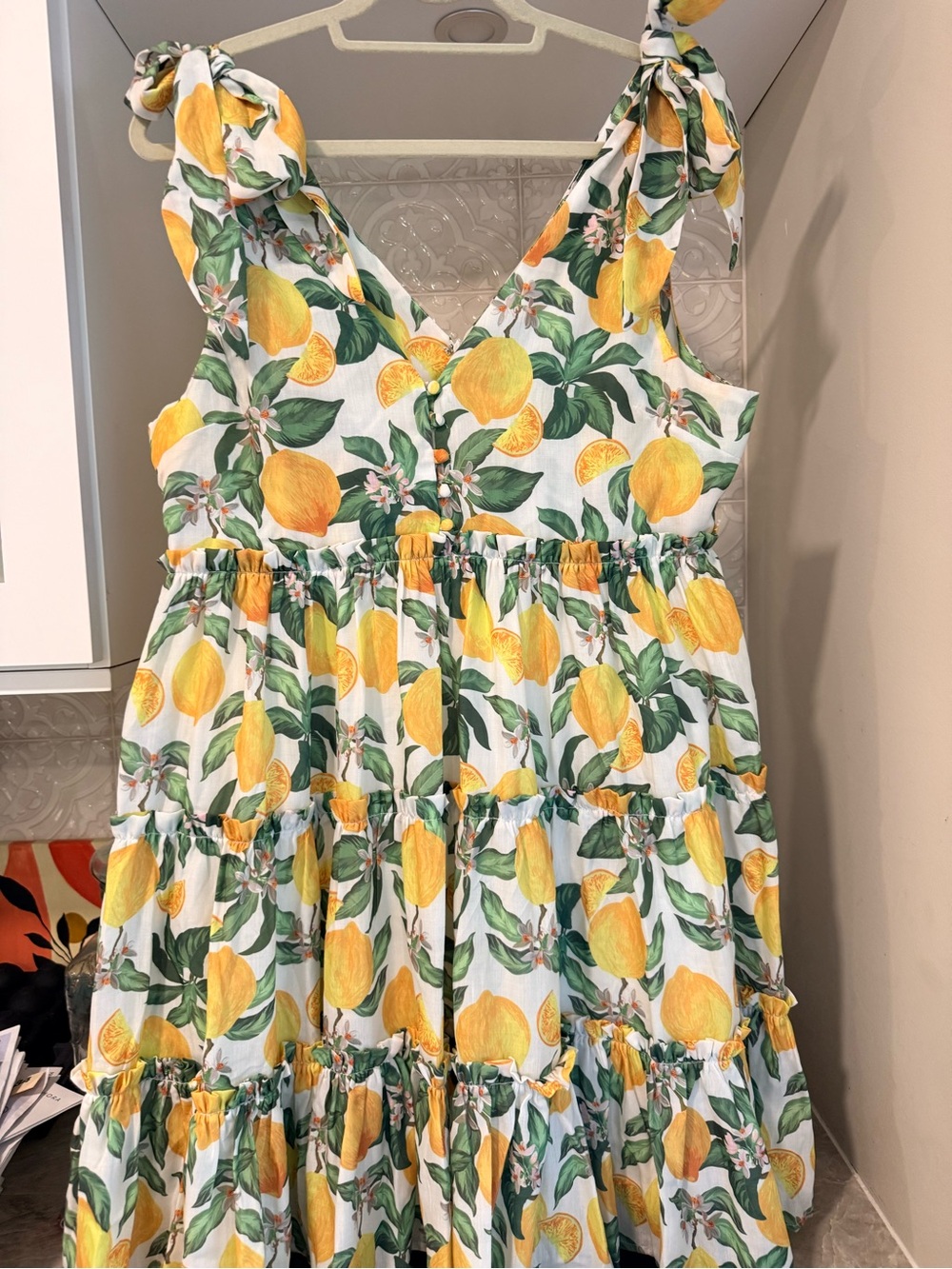 English Factory Lemon Floral Babydoll Mini Dress Tie Shoulder Bows Women’s Large